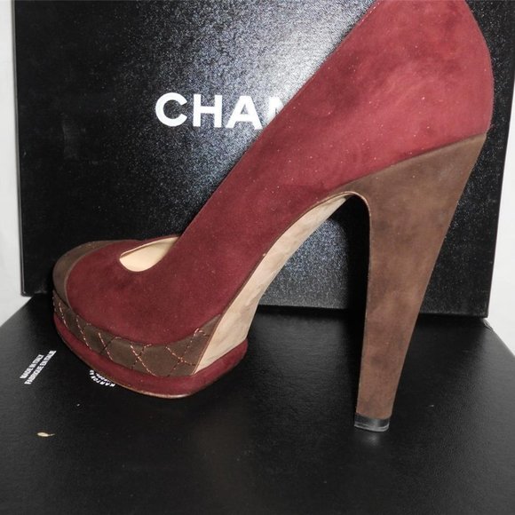 CHANEL 12A Two Tone Suede Cap Toe Quilted Platform Pumps Heels Shoes - Picture 2 of 9